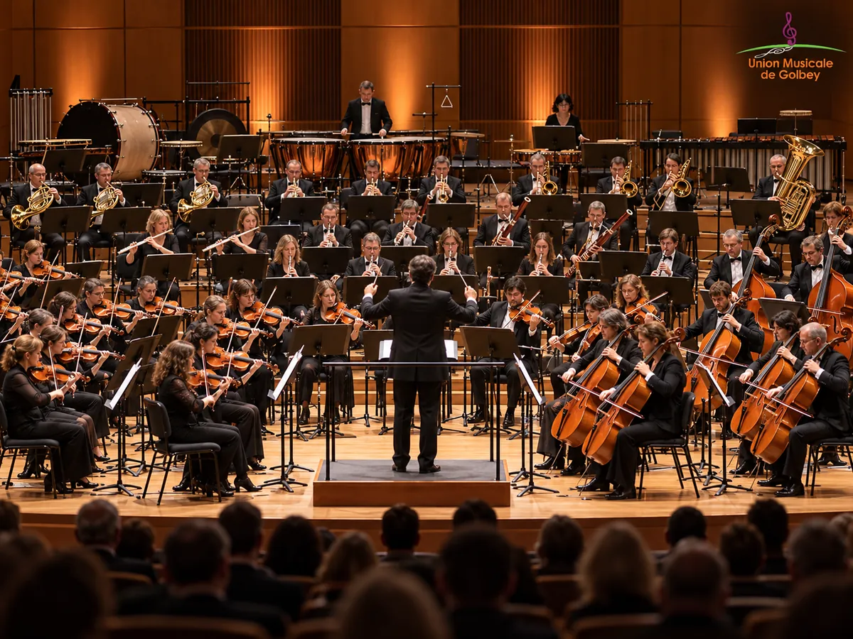 Grand orchestre symphonique sur scène avec le triangle visible dans la zone de percussion